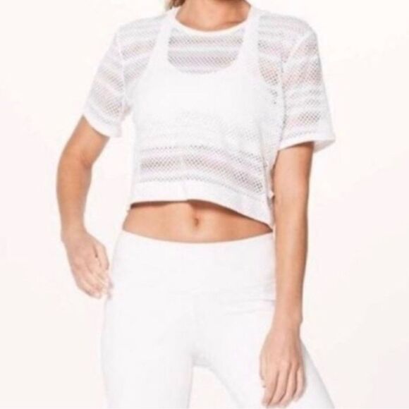 Lululemon Sweat Your Heart Out short sleeve perforated Cropped mesh top white 2 - Picture 1 of 5